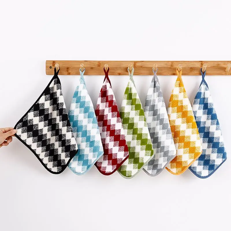 6 Pcs Checkered Hand Towels Soft Coral Fleece Absorbent Quick Dry Hanging Washcloths for Bathroom Kitchen Household Daily Use