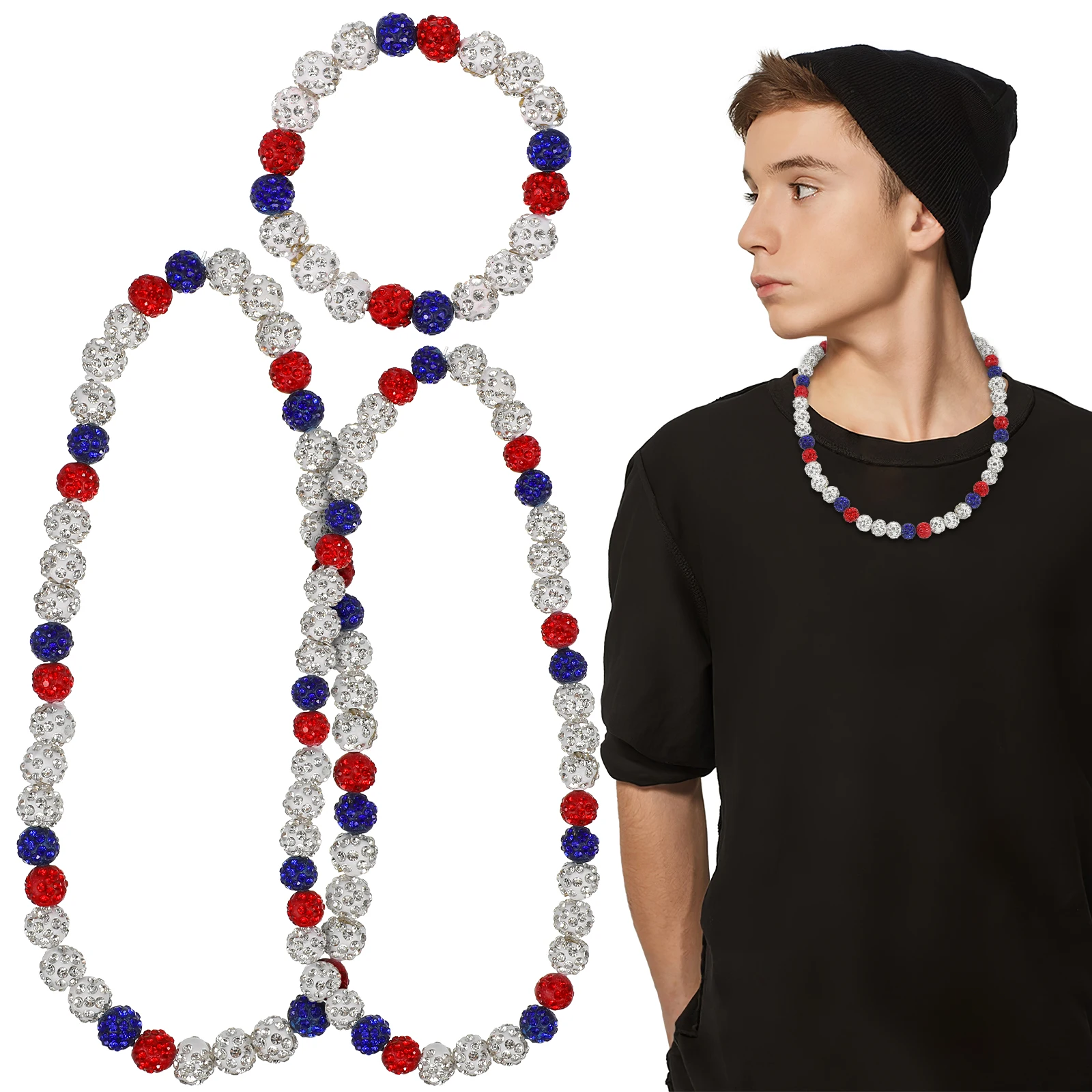 

3 Pcs Colorful Diamond Necklace Male Beaded Baseball Men Jewelry Choker For