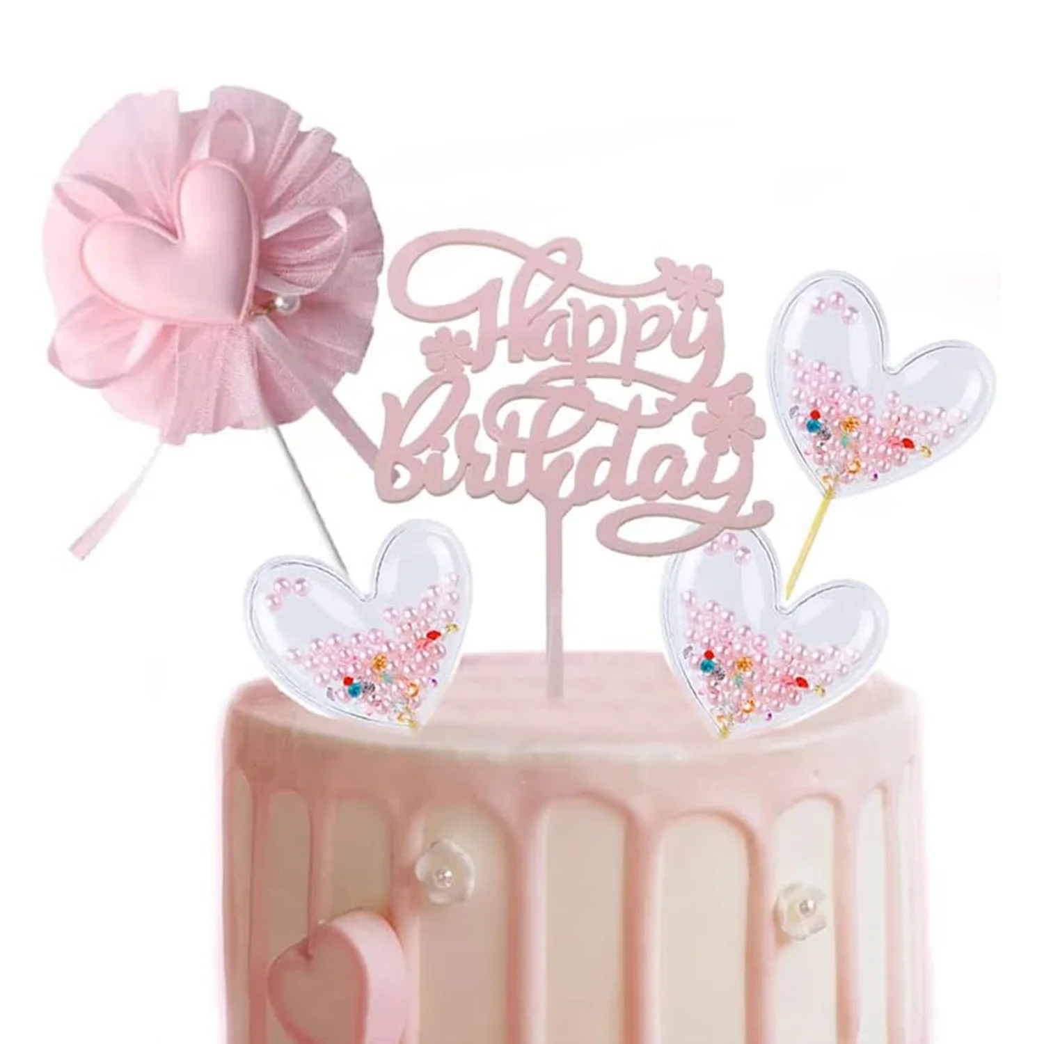 Roségoldenes Happy Birthday-Kuchenaufsatz-Set, 5-teilig, herzförmige rosa Perlen, Cupcake-Topper für Mädchen und Frauen, Prinzessinnen-Party-Dekorationen – Detail 4