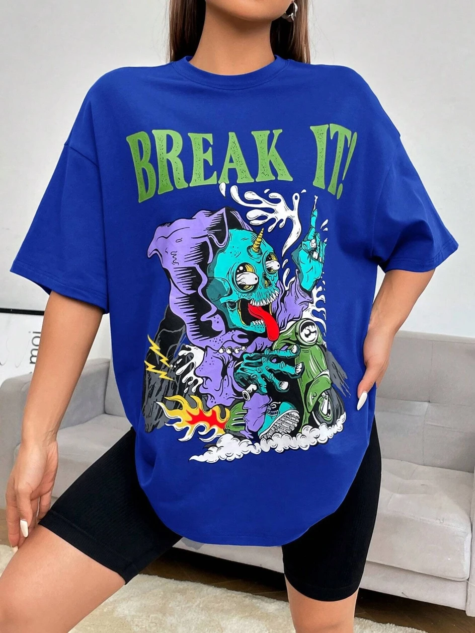 Schädel Reiten Motorrad Druck Weibliche T-Shirt Sommer Oansatz T Shirts Straße Hip Hop Kleidung