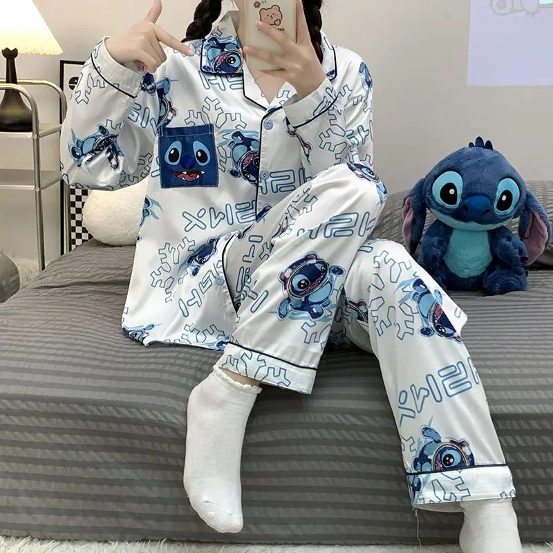 Stitch winter ice silk long-sleeved cartoon pajamas cardigan loose Disney new two-piece set women\'s pajamas loungewear set