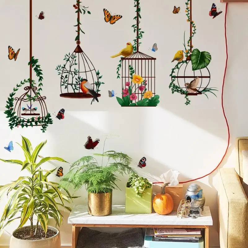 Birdcage Hanging Basket Window Glass Sticker Butterfly Motif Electrostatic Cling for Office and Bedroom Decoration