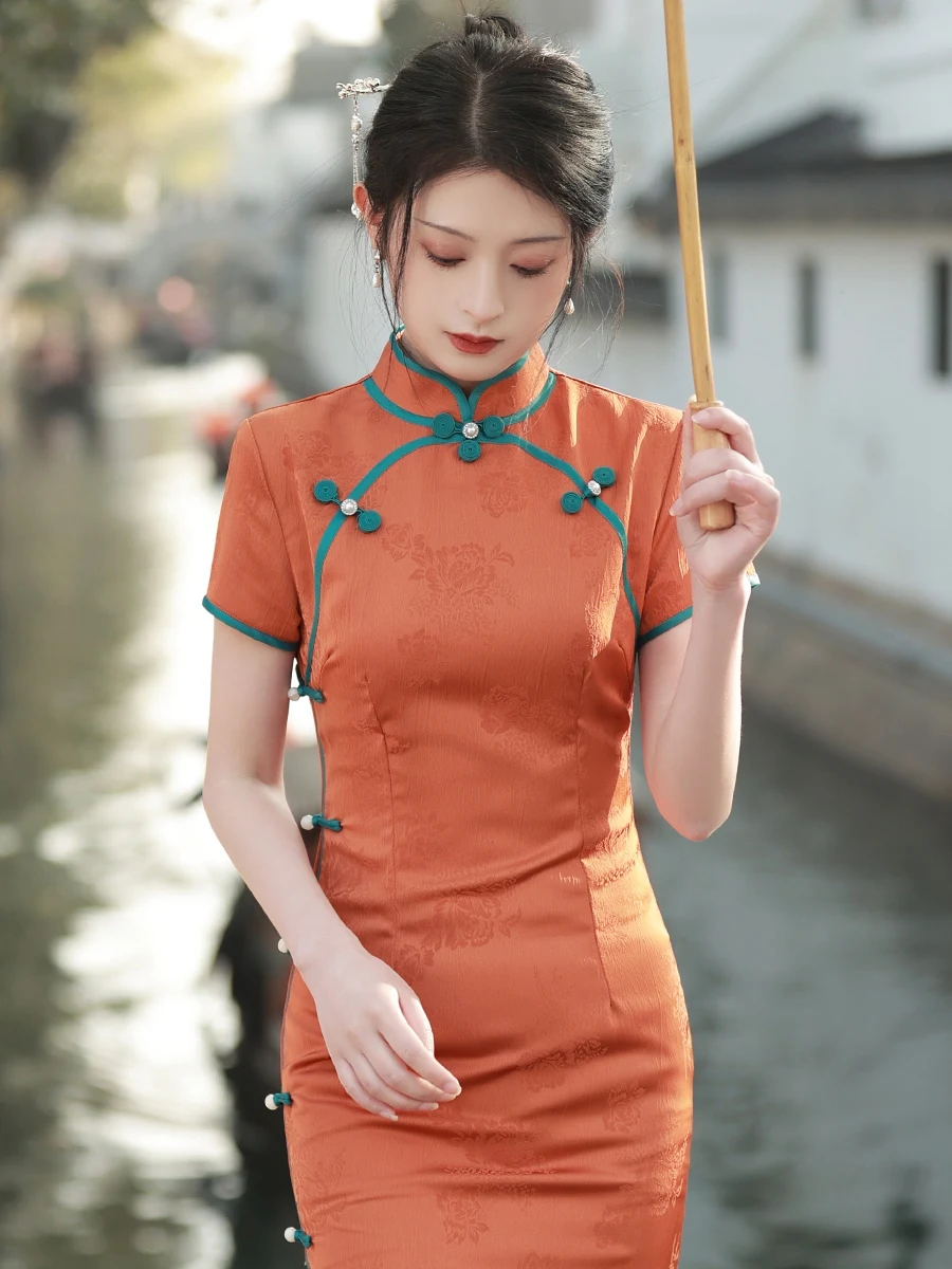 

Young Orange Cheongsam Elegant New Chinese Style Dress Can Be Worn at Ordinary Times Girl Summer Slimming