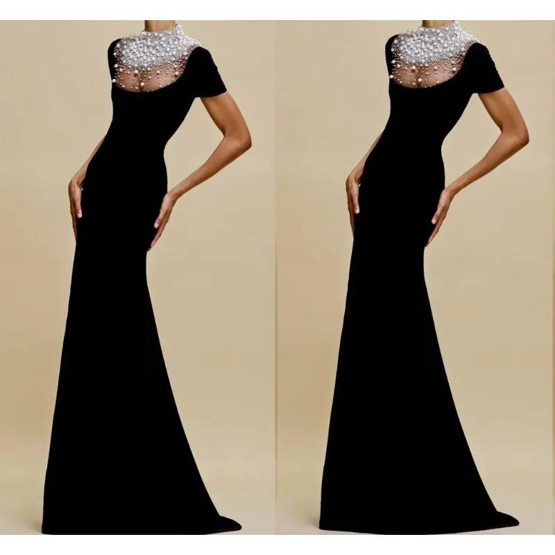 Abito da festa elegante 2026 Abito da ballo Collo alto Perle Perline Tulle Raso Sirena Abito da sera formale Vestdos De Fiesta Personalizzato