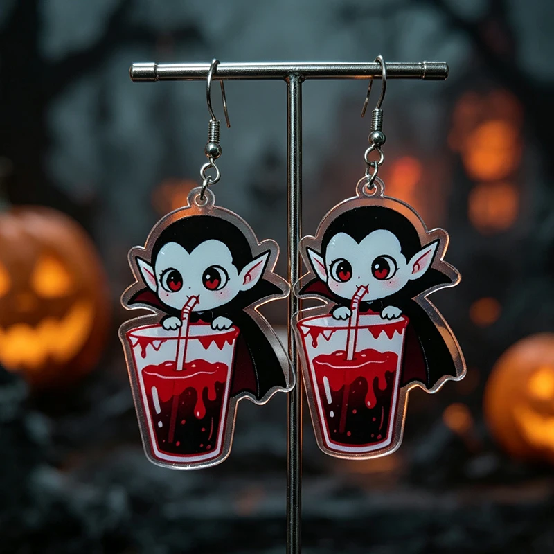 Q-version Vampire Halloween Little Count Earrings Sweet Cool Funny Blood Milk Tea Soft Cute Gothic Style Atmosphere Earrings