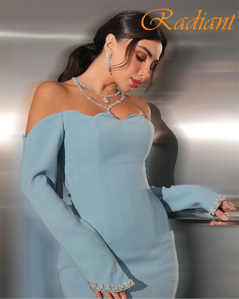 فستان سهرة مخصص عالي الجودة برقبة قارب أنيق من الجيرسيه حورية البحر للحفلات الراقصة كلاسيكي بأكمام طويلة للمناسبات الخاصة #6