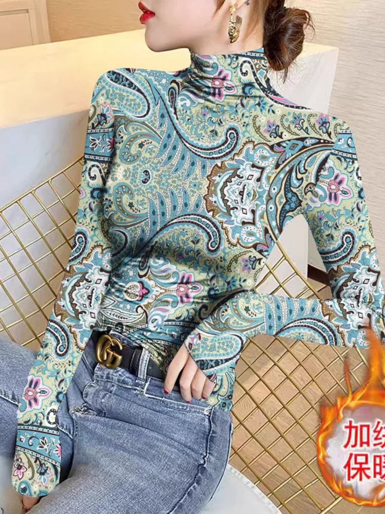 Women's Base Layer 2026 Autumn Winter Thermal Velvet Top Half Turtleneck Printed Slim Warm Thick Long Sleeve Undershirt T-shirt