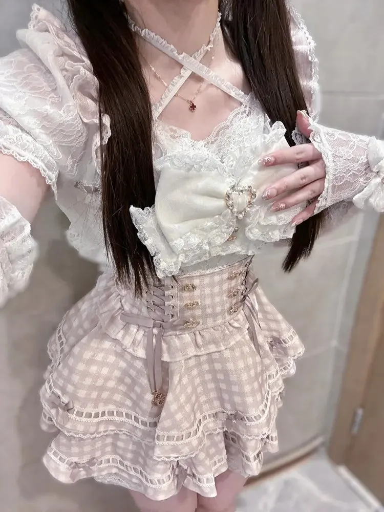 Summer Japanese Gothic Y2k Lolita Bow Dress Sets Women Vintage Sweet Lace Ruffles Plaid Strap Dresses Y2k Slim Party Mini Dress