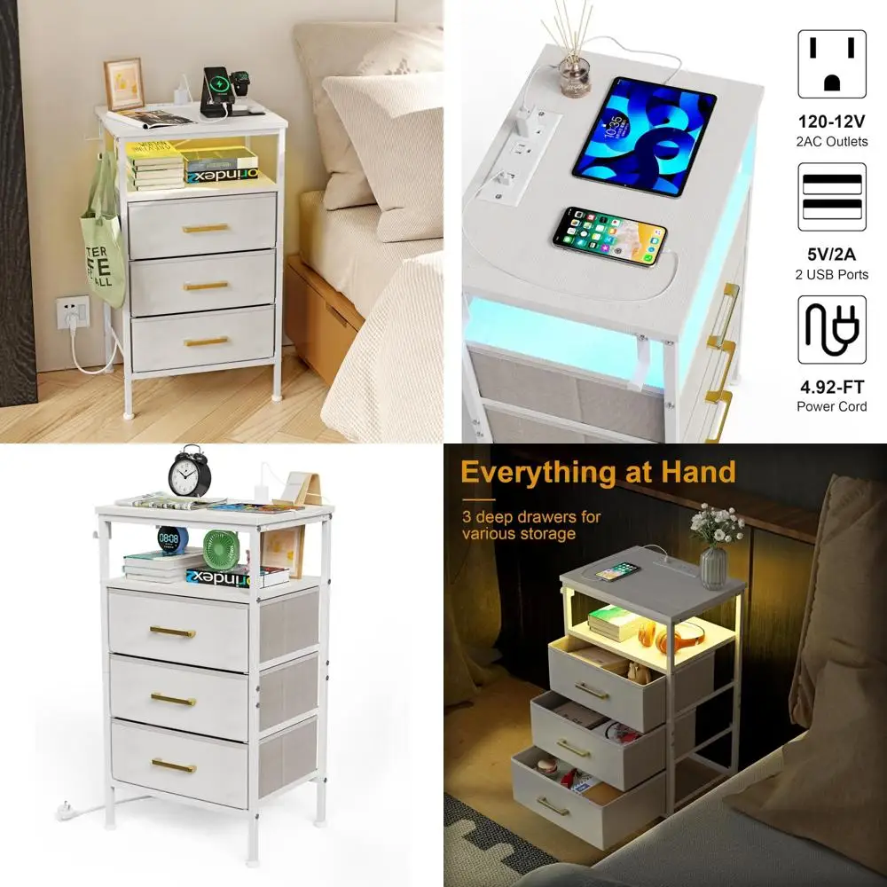 

Компактный комод для зарядки, приставной столик с тканевым ящиком со светодиодной подсветкой, прикроватная тумбочка с USB и розеткой для небольших помещений