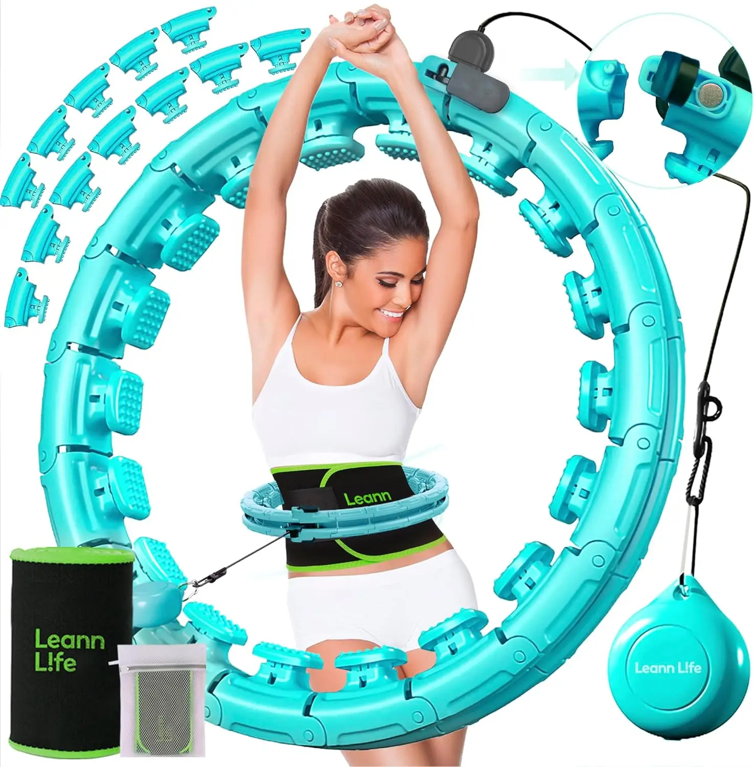 U1 Weighted Hula Hoop 30 Knots 19"-61" for Adults with Waist Trimmer Belt & Durable Wash Bag Bundle– Fitness Hoop for Exercise,