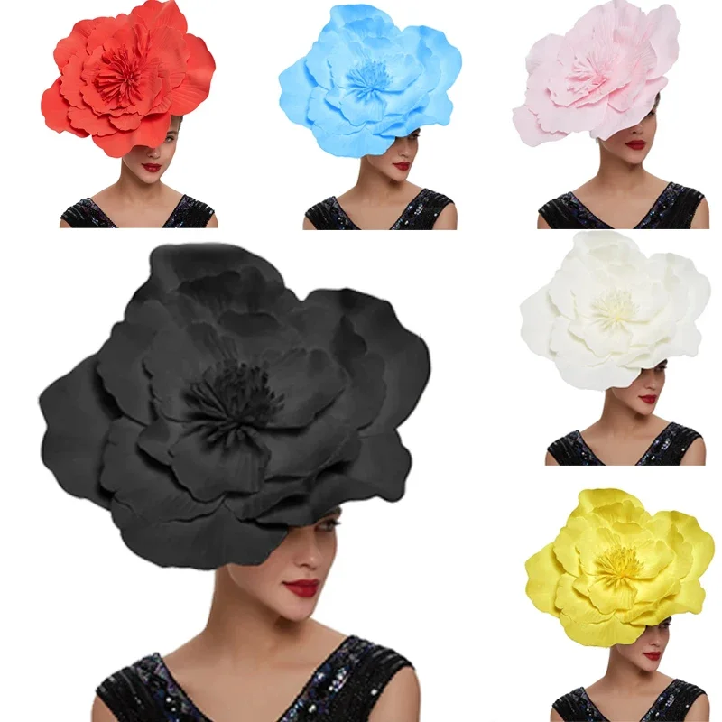 

Big Flower Fascinator Hat Women Wedding Elegant Feather Pillbox Cap Royal Party Headpiece Ladies Hair Accessories