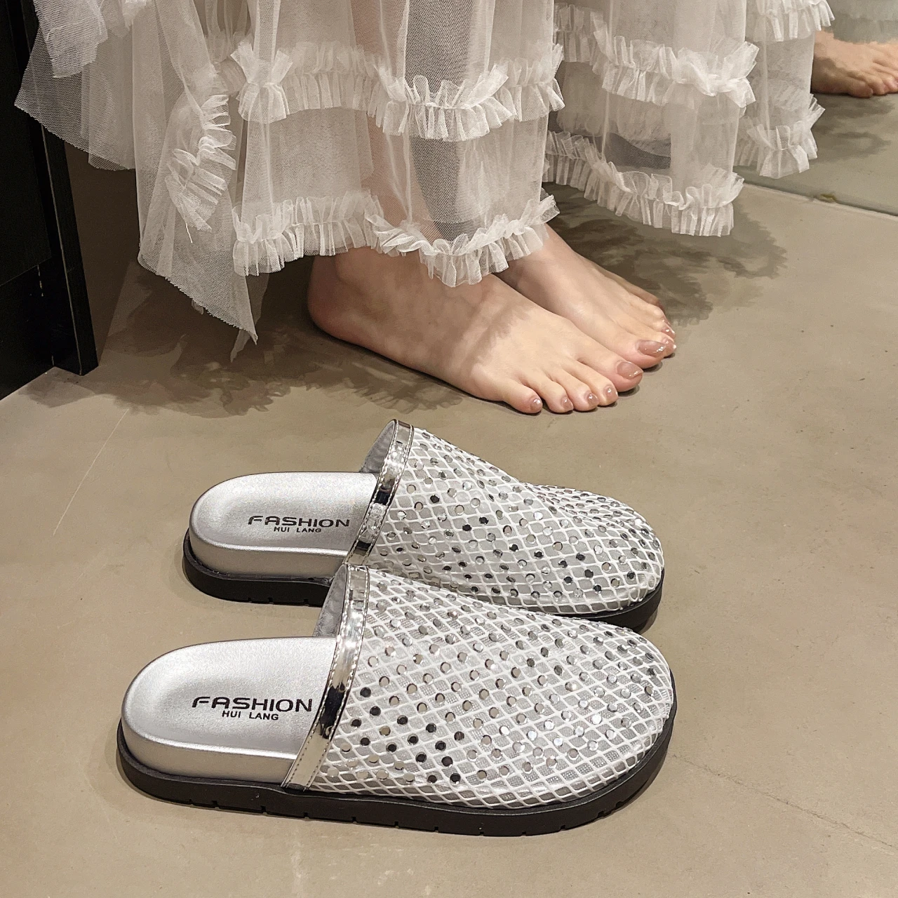 

French-style Fully Rhinestone Fishnet Open-toe Half-slipper for Women Summer 2026 Slip-on Fairy Mule Sandals