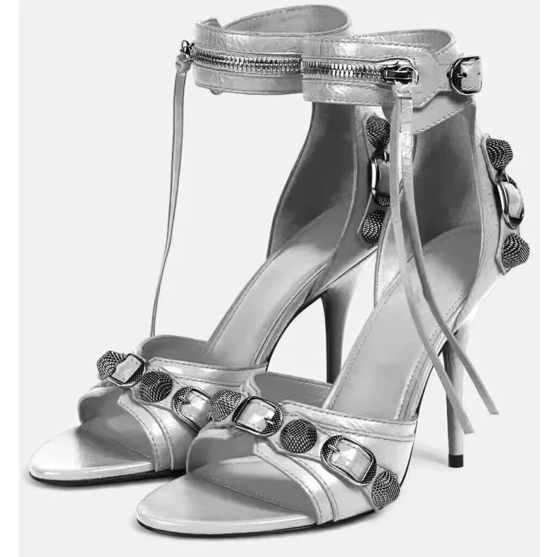 

European And American Summer Women's New Open-toe Rivet Stiletto Sandals Fashion Belt Buckle Zipper Runway Fashion Sandals