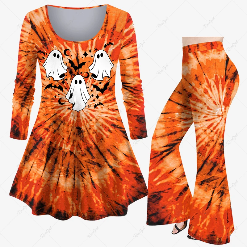 Spring Autumn Plus Size Halloween Tie Dye Bat Moon Star Ghost Print Casual T-shirt Or Flare Pants Outfit Women's Matching Set