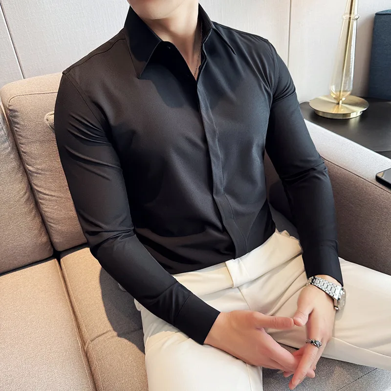 Men Long Sleeved Shirt 2024 Autumn New British Style Solid Color Casual Elastic Slim Fit Formal Shirt High-quality Men Clothing