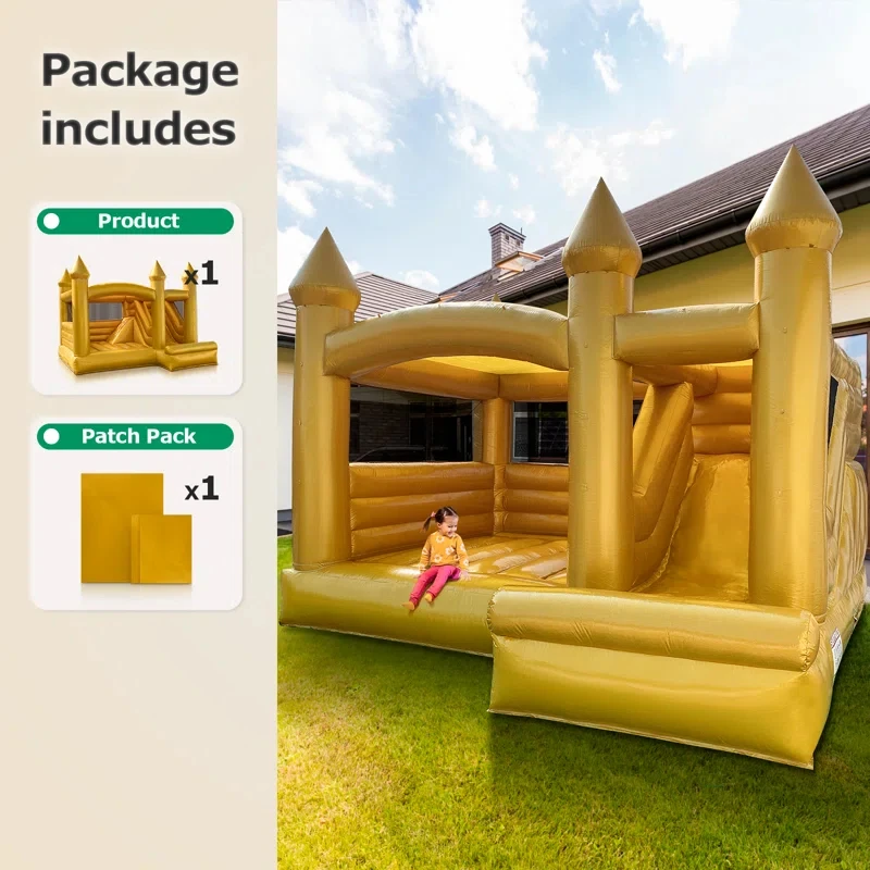 4.5M Golden Bounce House with Slide  Exciting Combo of Jumping Fun & Sliding Adventure for Kids - Ultimate Backyard Play Zone