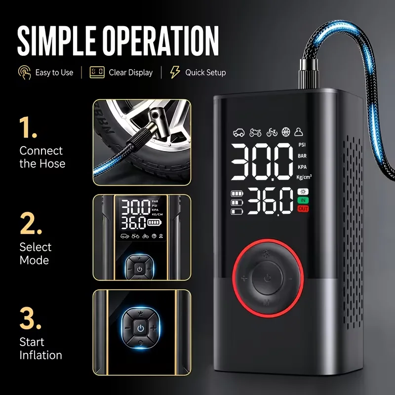 LEIBOO Compresor de Aire Portátil de 150 PSI, Bomba de Aire Inalámbrica, Inflador de Neumáticos Eléctrico, Manómetro Digital, para Coche, Bicicleta, Motocicleta y Balones