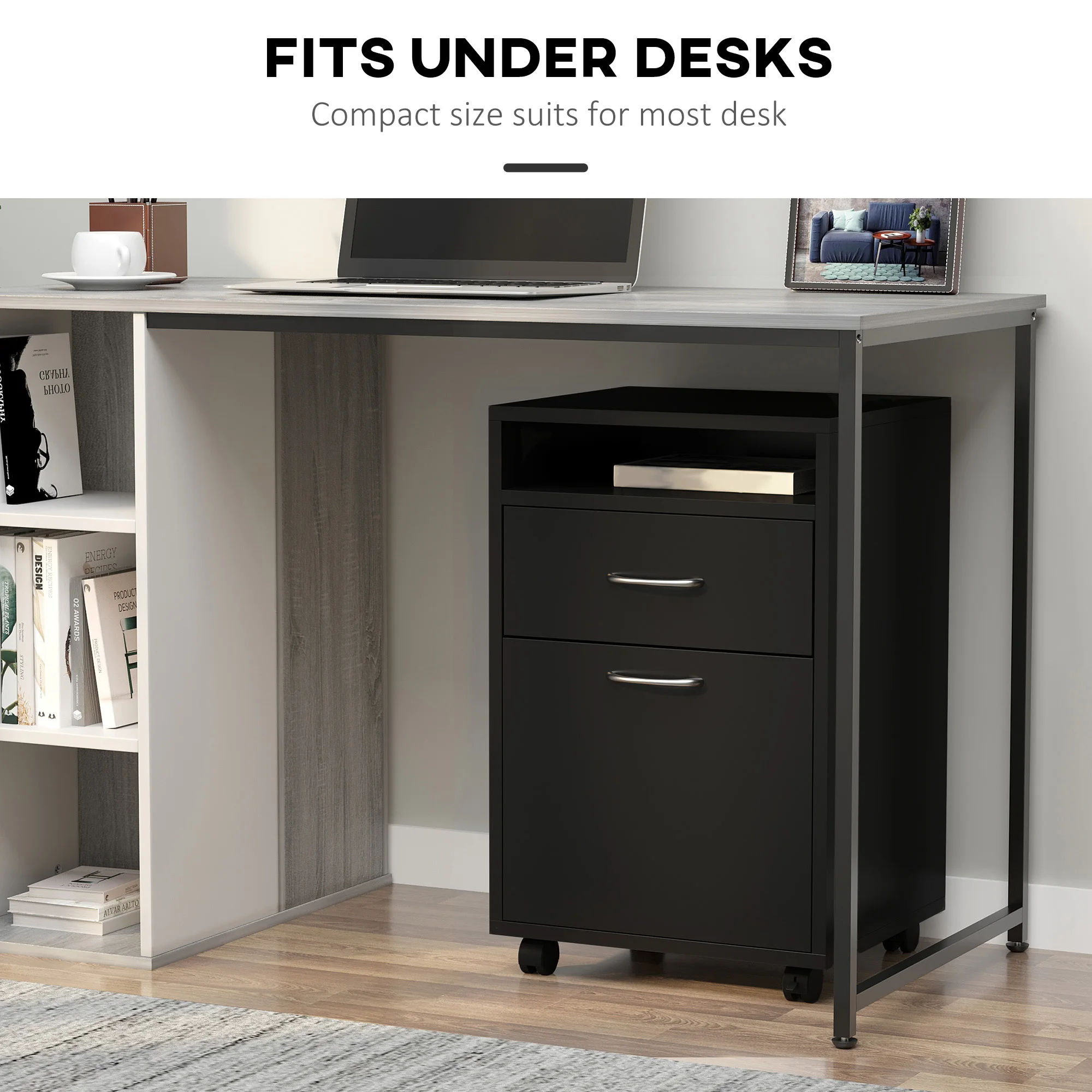 HOMCOM 60cm Filing Cabinet with Drawers and Open Shelf, Black
