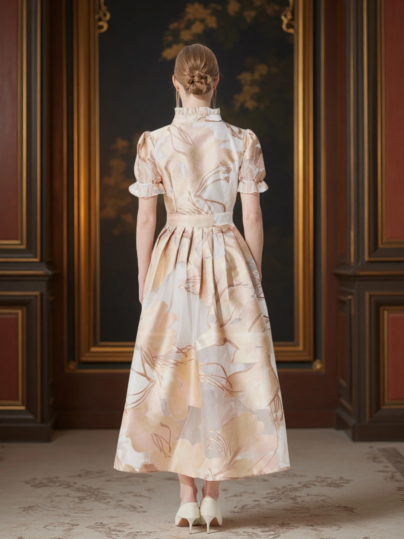French Vintage Embellished Jacquard Dress with Waist-Cinching Flared Maxi Silhouette for Elegant Banquets and Dates