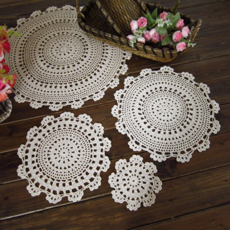 1pc Round Tablecloth Handmade Crochet Lace Cotton Placemat Vintage Hand Tablecloth Home Wedding Table Decoration