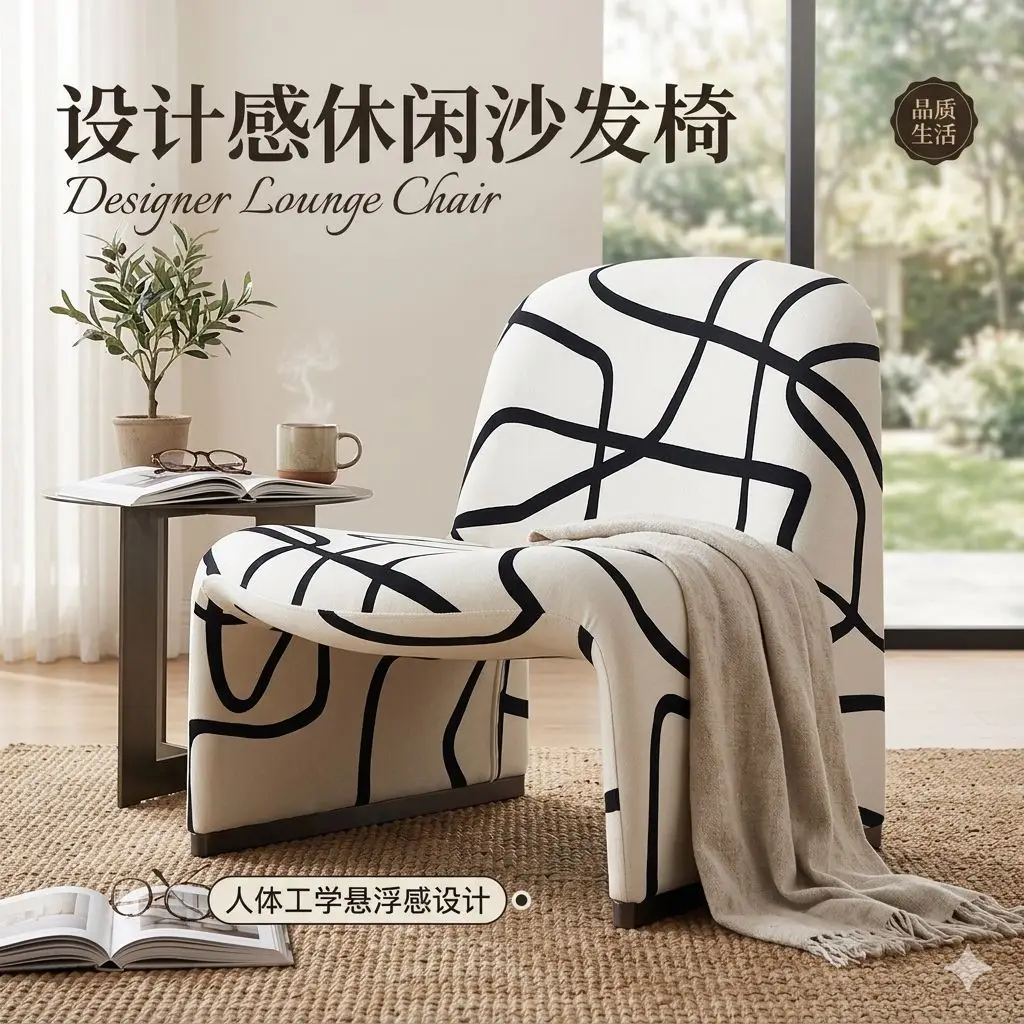 Italian Minimalist Lamb Wool Single Sofa Chair, Designer Cream Style Living Room Leisure Chair, Wabi Style Bedroom Single