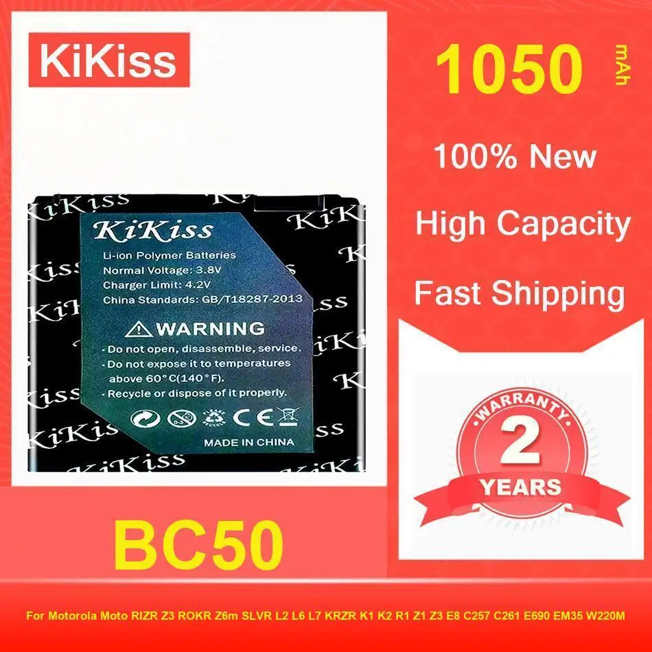 

Kikiss Battery 1050Mah BC50 For Motorola Moto RIZR Z3 ROKR Z6m SLVR L2 L6 L7 KRZR K1 K2 R1 Z1 E8 C257 C261 E690 EM35 W220M