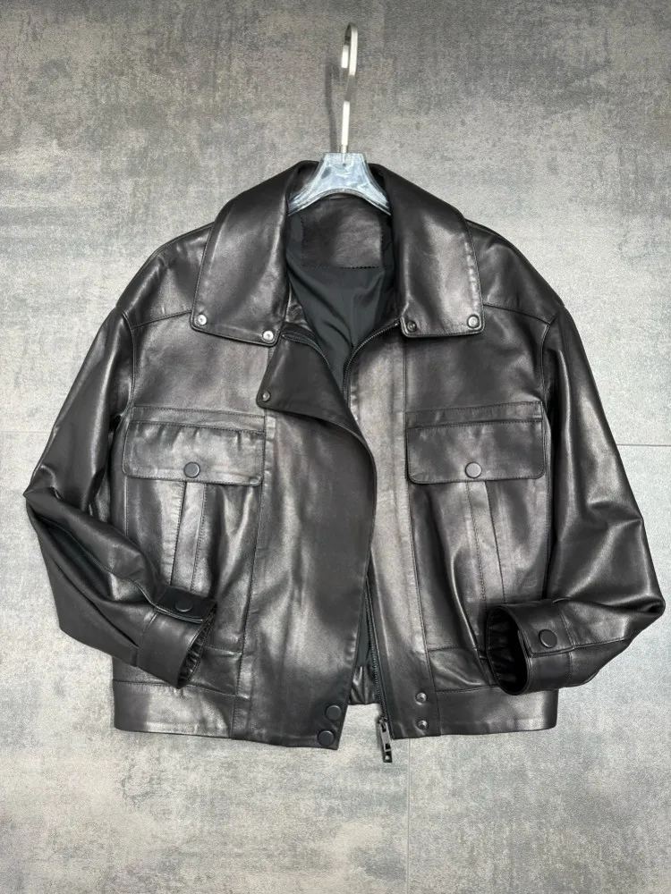 New Designer Women Motorcycle Biker Sheepskin Genuine Leather Jacket Loose Fit Casual Windbreaker Outerwear Real Leather Coats