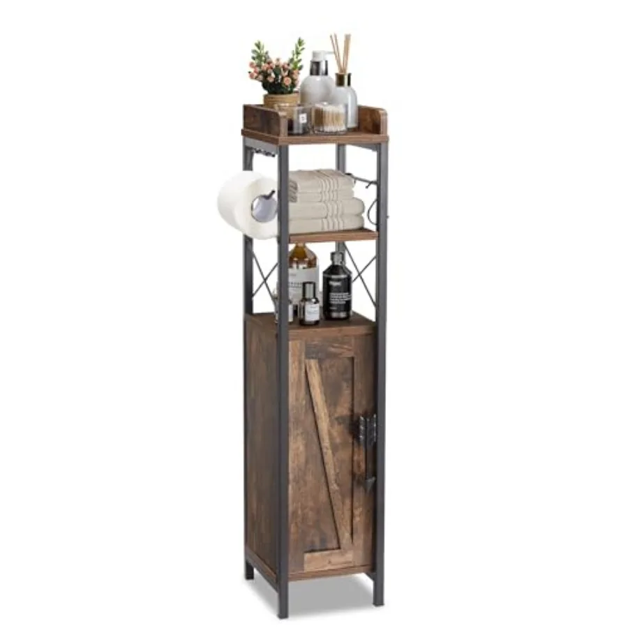 

Small Bathroom Cabinet Slim Toilet Paper Holder with Doorand2 Shelves Metal Racks Narrow Storage Organizers Free Standing Farmh