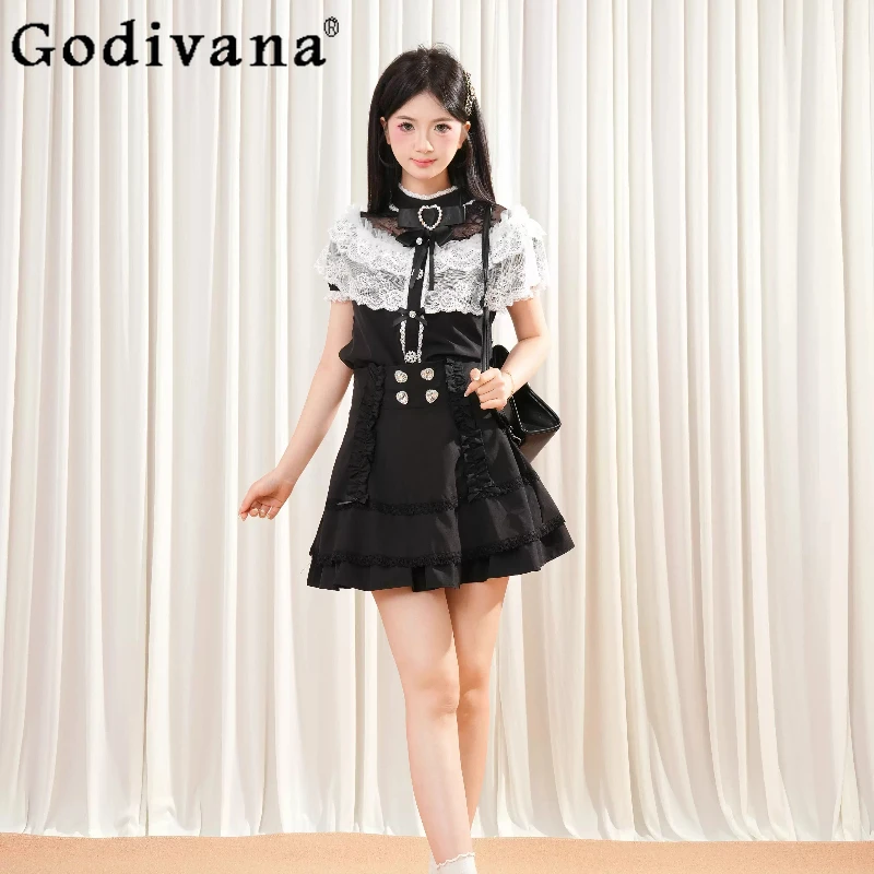 

Japanese Style Outfits Women Lace Patchwork Cape Bow Top Black High Waist Skirt Two Piece Set Female Lolita Skirt Suits