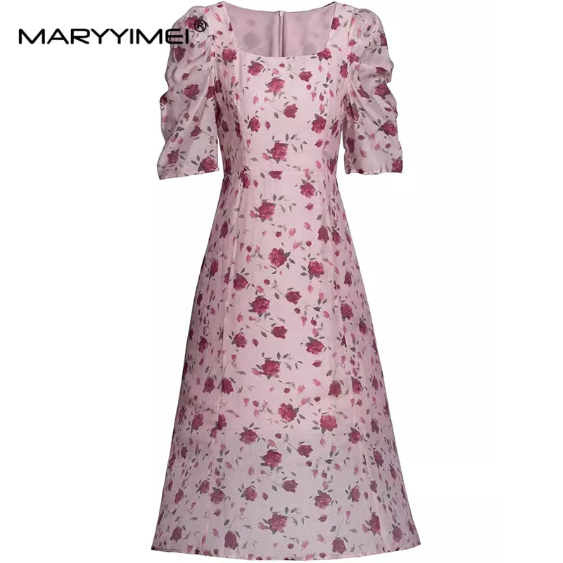 

MARYYIMEI Fashion Design Summer Women's Dress Square-Neck Short Sleeved Print Bohemian Holiday Pink Dresses