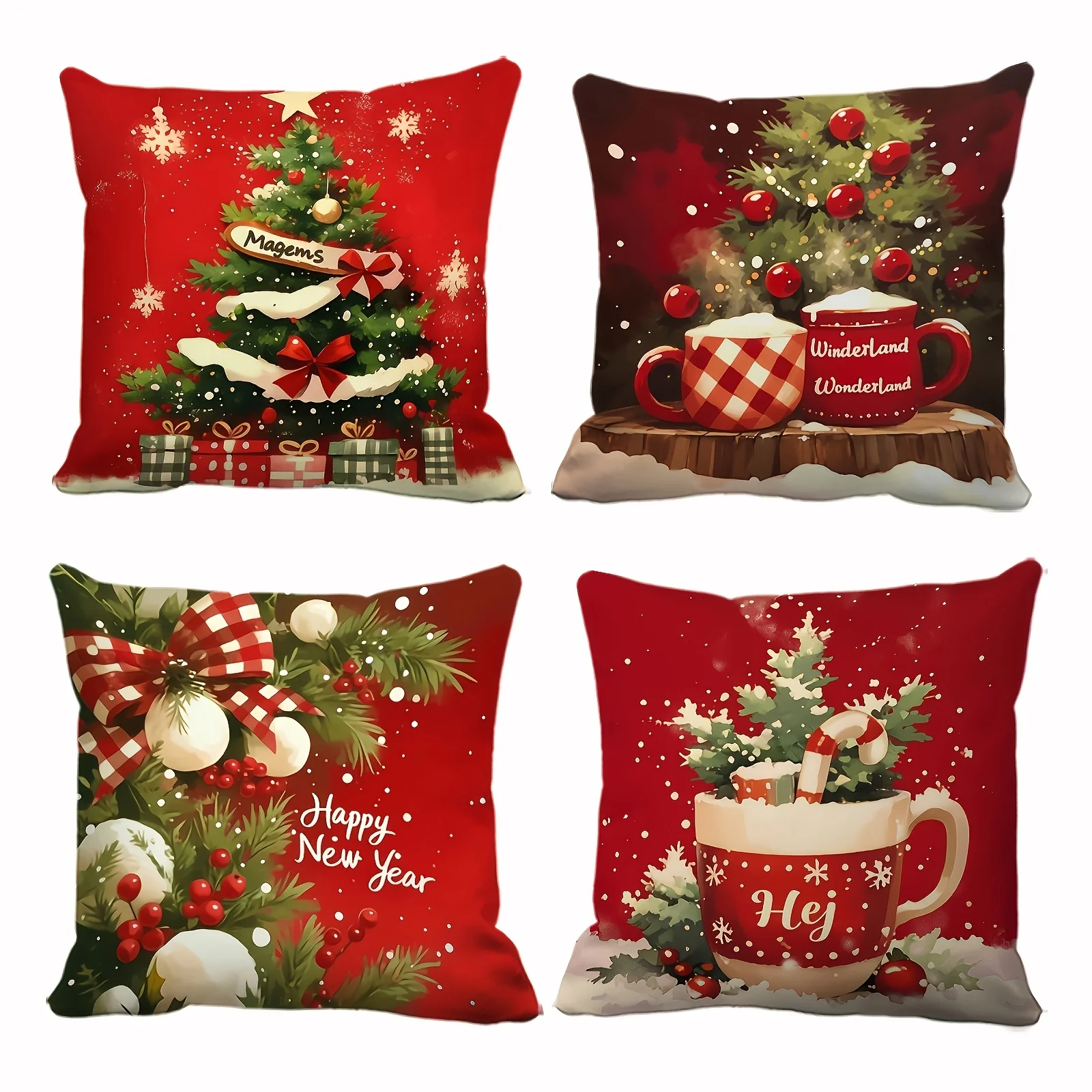 4pcs Christmas Pillowcase Set, Festive Red with Decorative Patterns Including Christmas Trees, Wreaths, and Teacups