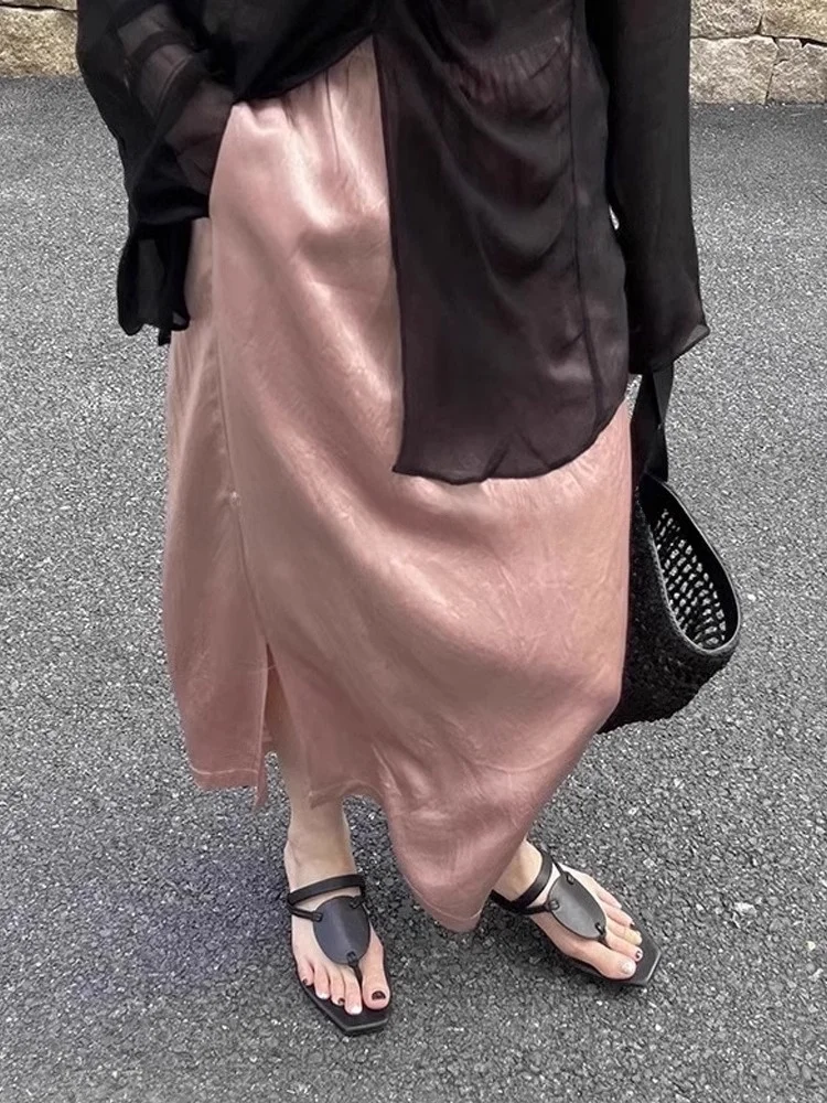 

ROUJE KEFSS Розовая атласная юбка миди А-силуэта из ацетата, струящаяся, с разрезом, универсальная, летняя, для полных женщин