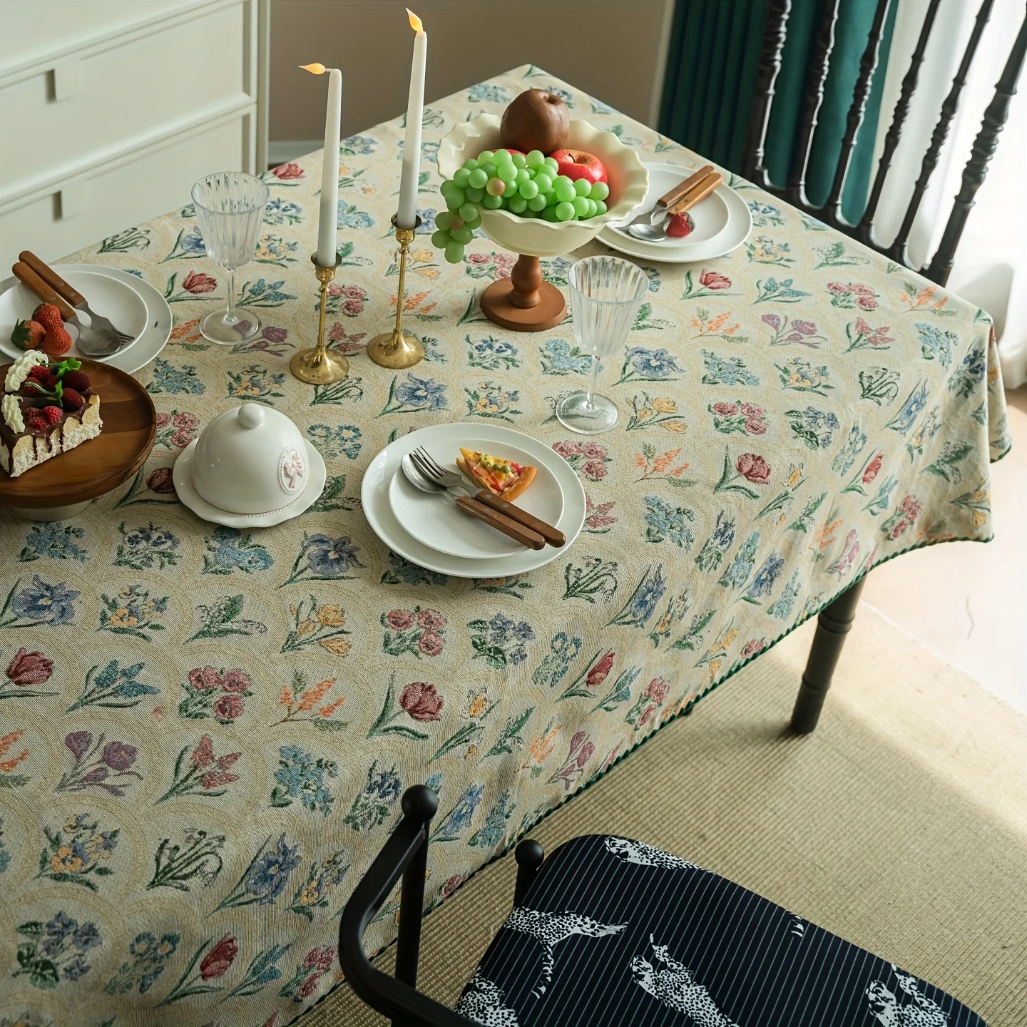 1pc American country retro-style tablecloth with colorful rose flowers and jacquard pattern in rectangular shapexzj