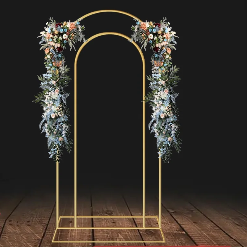 

Gold-Plated Double Arch Outdoor Wedding Flower Display Rack Door Frame Birthday Party Backdrops Welcome Sign Balloons Stand