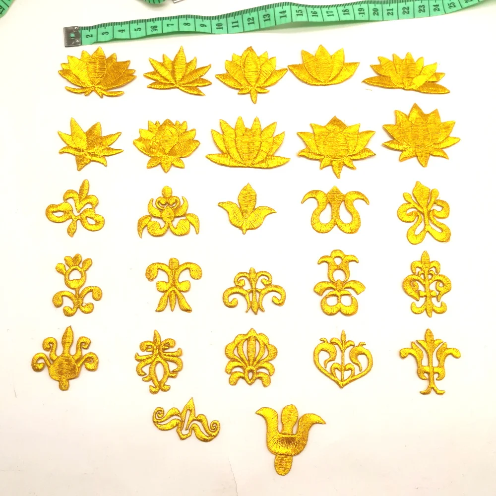 10 Pieces Gold Embroidered Patches Iron On Flower Appliqued Cosplay Costumes Lotus Flower Trims Crown Appliques