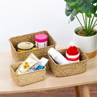 Small Rectangle Wicker Storage Boxes, Straw Woven Storage Baskets, Cosmetic Gadgets, Toys Basket, Home Bathroom Organizer, 3Pcs