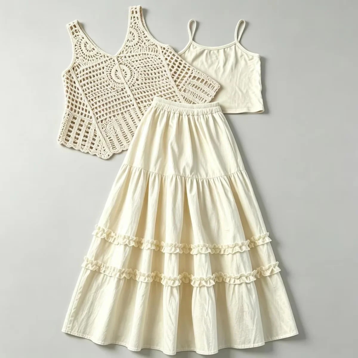 Girls' Set Summer New Children's Lace Hollow Tank Top Strap Skirt Three-Piece Set