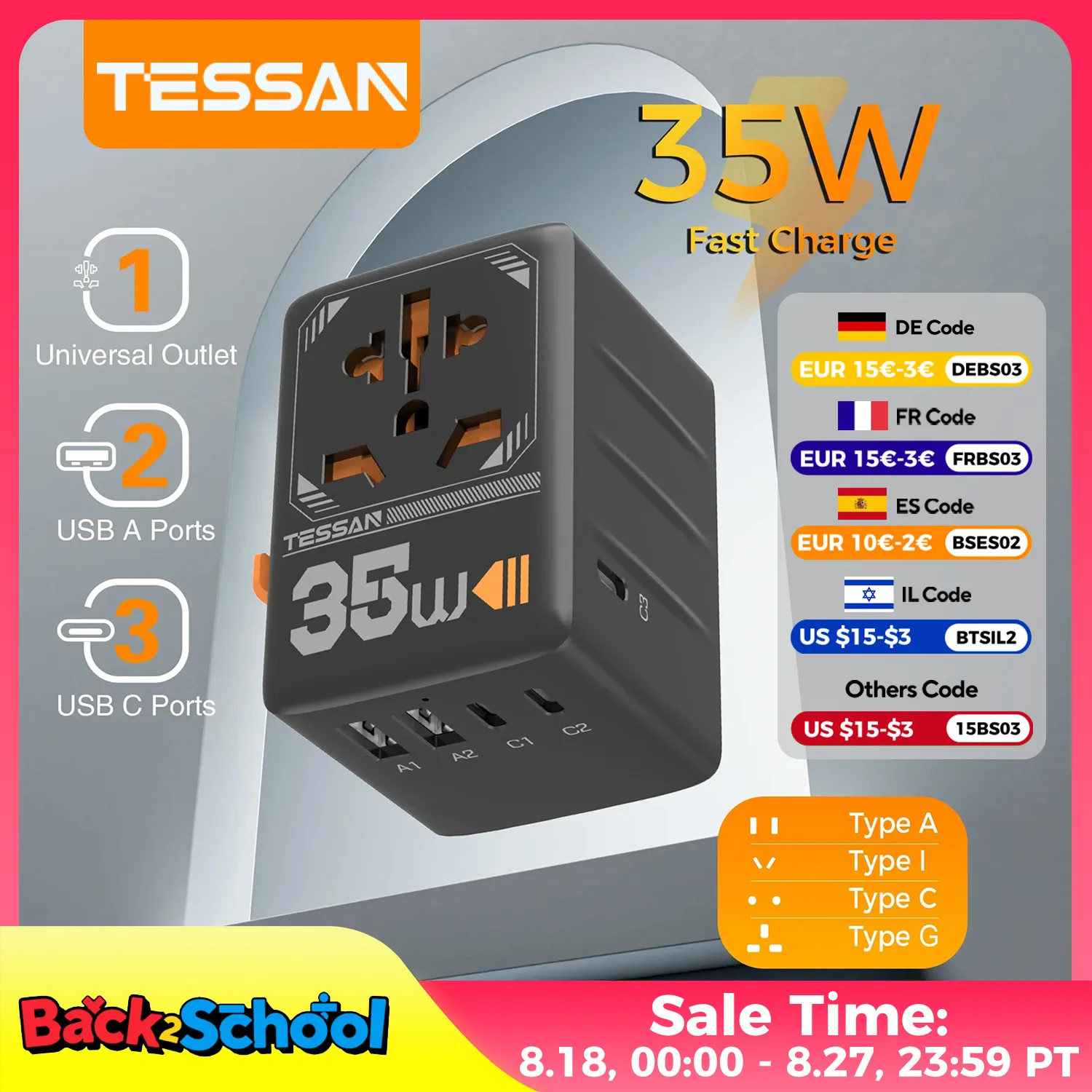 

Универсальный дорожный адаптер TESSAN GaN с несколькими USB-портами для быстрой зарядки, международный адаптер, 35 Вт, 65 Вт, розетка по всему миру