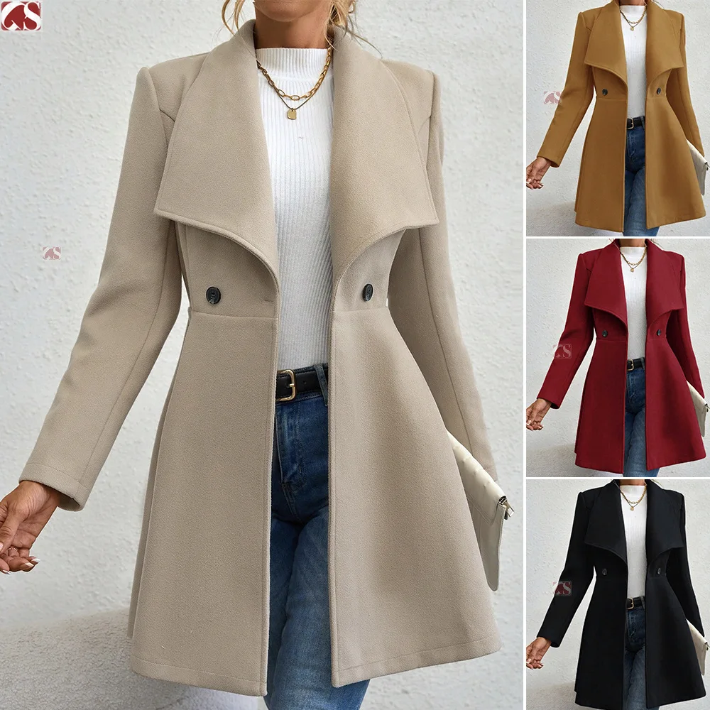 2025 Autumn and Winter Woolen Coat Slim-fitting Long Fashion Lapel Women's Woolen Coat European and American