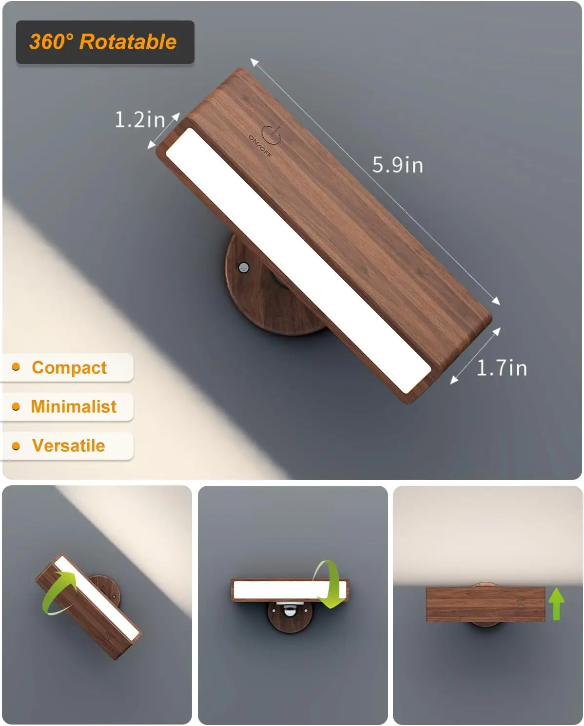 2 حزمة الشمال خشب متين شمعدانات جدارية قابلة للشحن مصابيح الليل 360 دوران عكس الضوء ملموس الجدار أضواء للقراءة لجانب السرير #2
