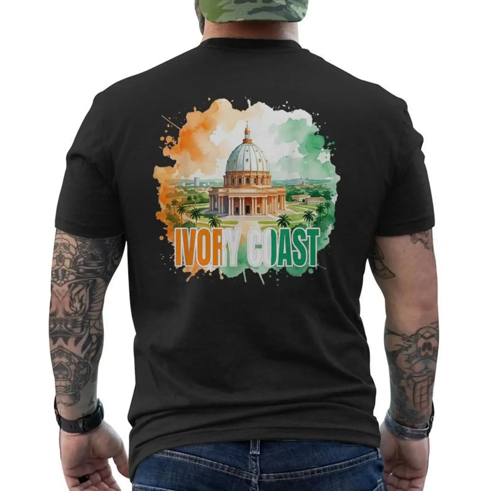 Aquarell-Flagge des Ivoirischen Nationalflaggen der Côte d'Ivoire Patriotisches T-Shirt mit Rückendruck Cadeauxyz Vintage Washed Streetwear