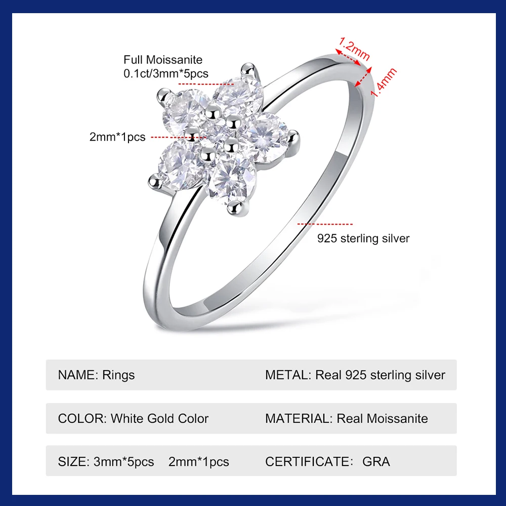 Sweetrain All Moissanite Ring 925 Silver Plated 18k White Gold Women's Flower Diamond Rings Ladies Temperament Elegant Jewelry