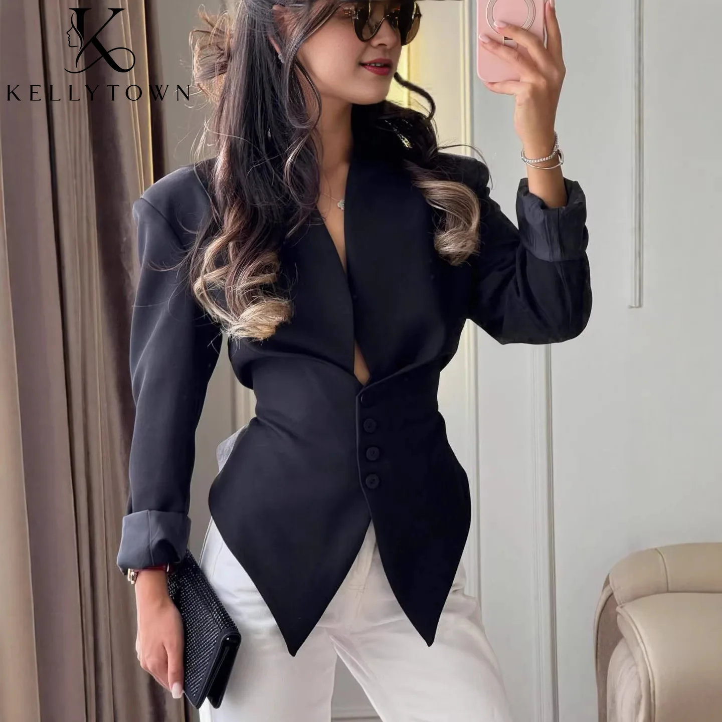 2026 Sexy Women Black Blazer Waist-Cinching White Blazers Coat Tie Waist Solid Chic Office Lady Outfit Long Sleeve Outerwear Top