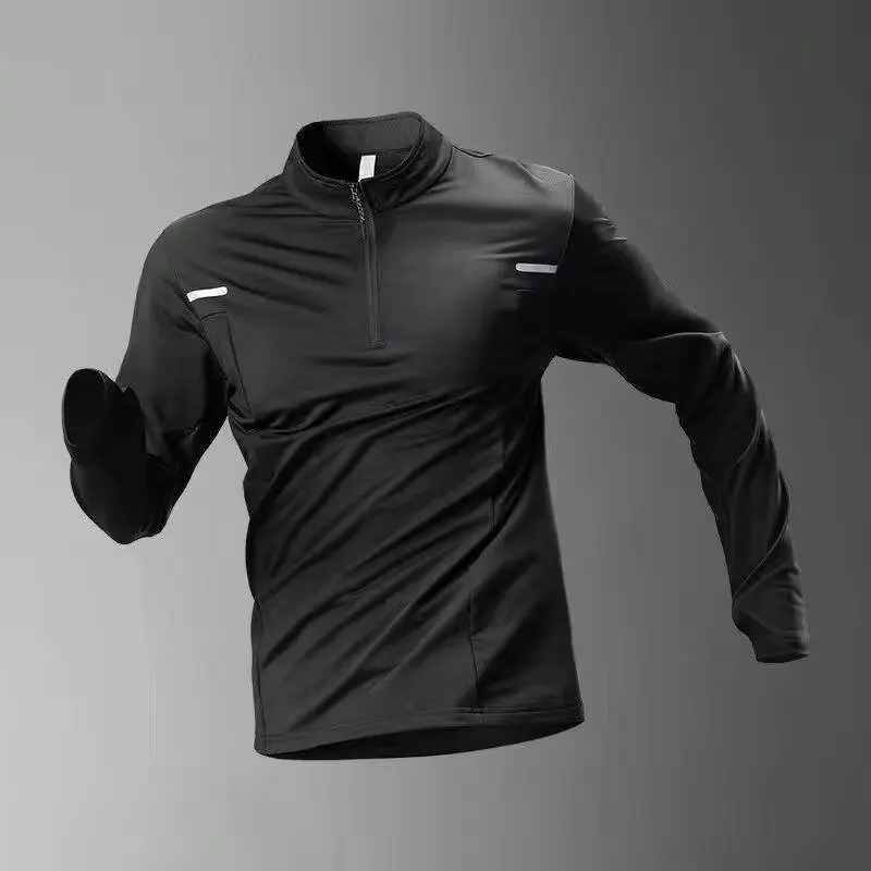 Amerikanisches Sporttraining, schnell trocknende Kleidung, Herren-T-Shirts, Leichtathletik-Fitnesskleidung, langärmeliges Oberteil mit halbem Reißverschluss, Sport-Ru