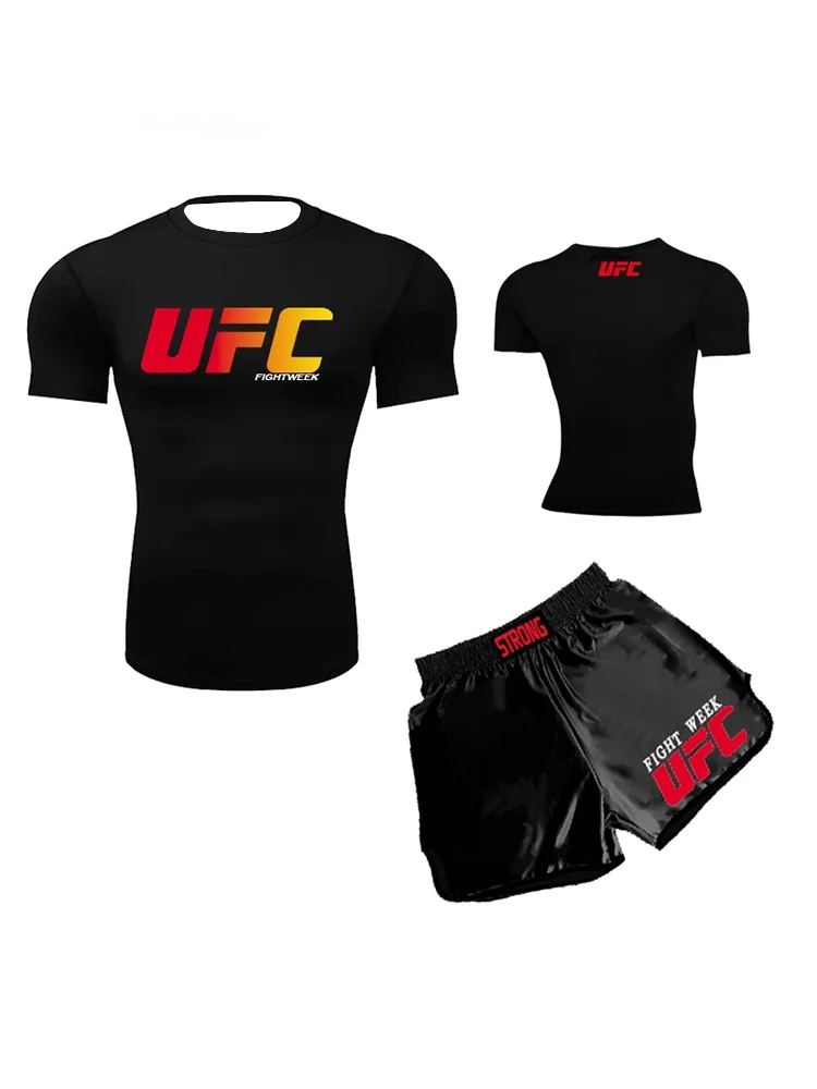

Summer Outdoor Sports Fitness Short Sleeve Street Jogging Top Set UFC Men's New Fighting Tight Elastic T-shirt Shorts Set