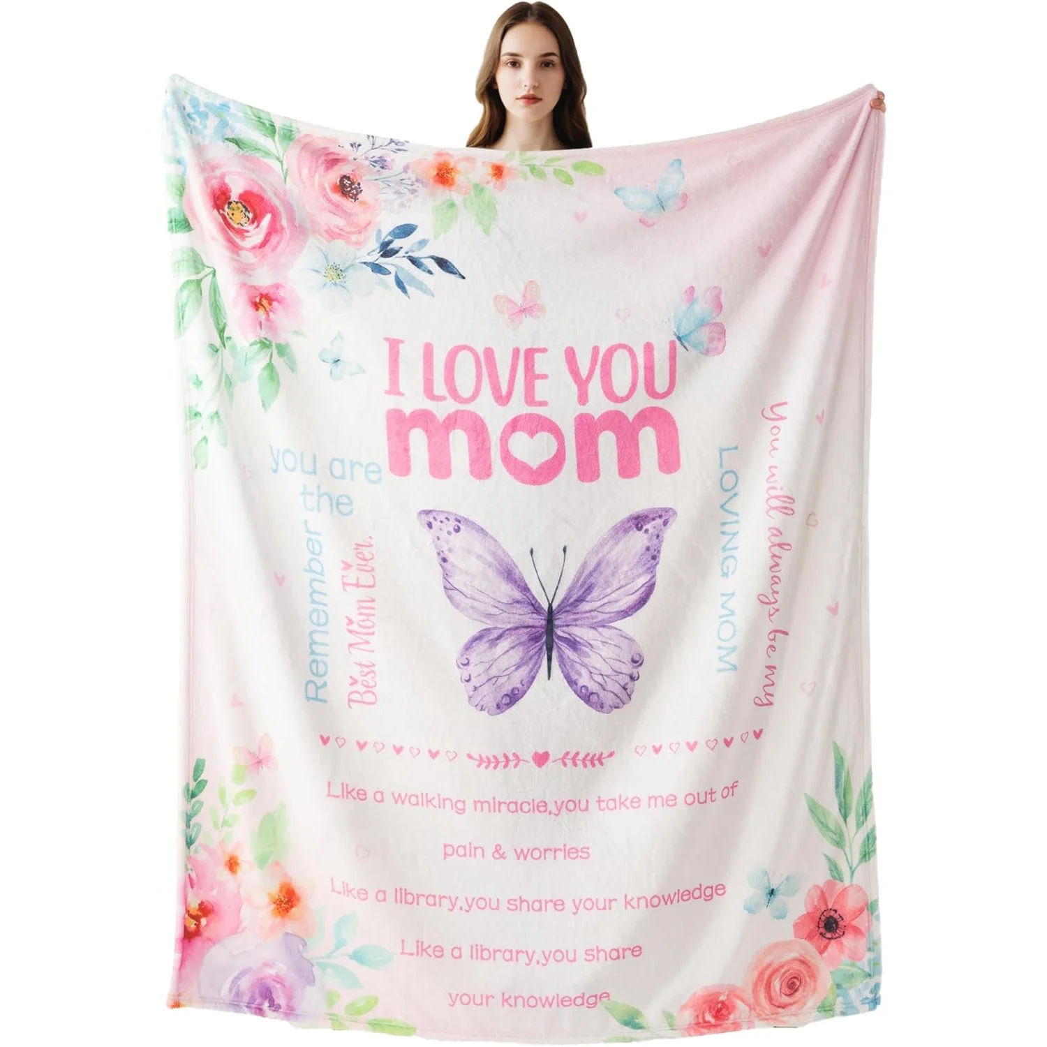 Battilo Throw Blankets Anniversary Birthday Gift for Mom from Daughter Son, I Love You Mom Blanket, Super Soft Flannel Throw Bla