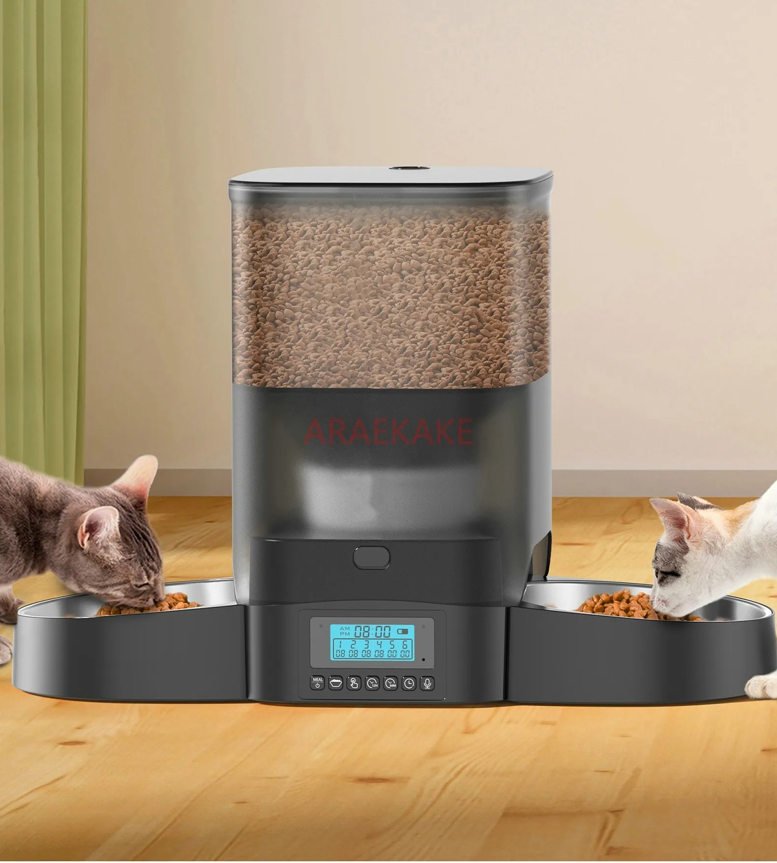 

Two cat food dispenser with slow feeding bowl, programmable timed cat feeder, dual power supply