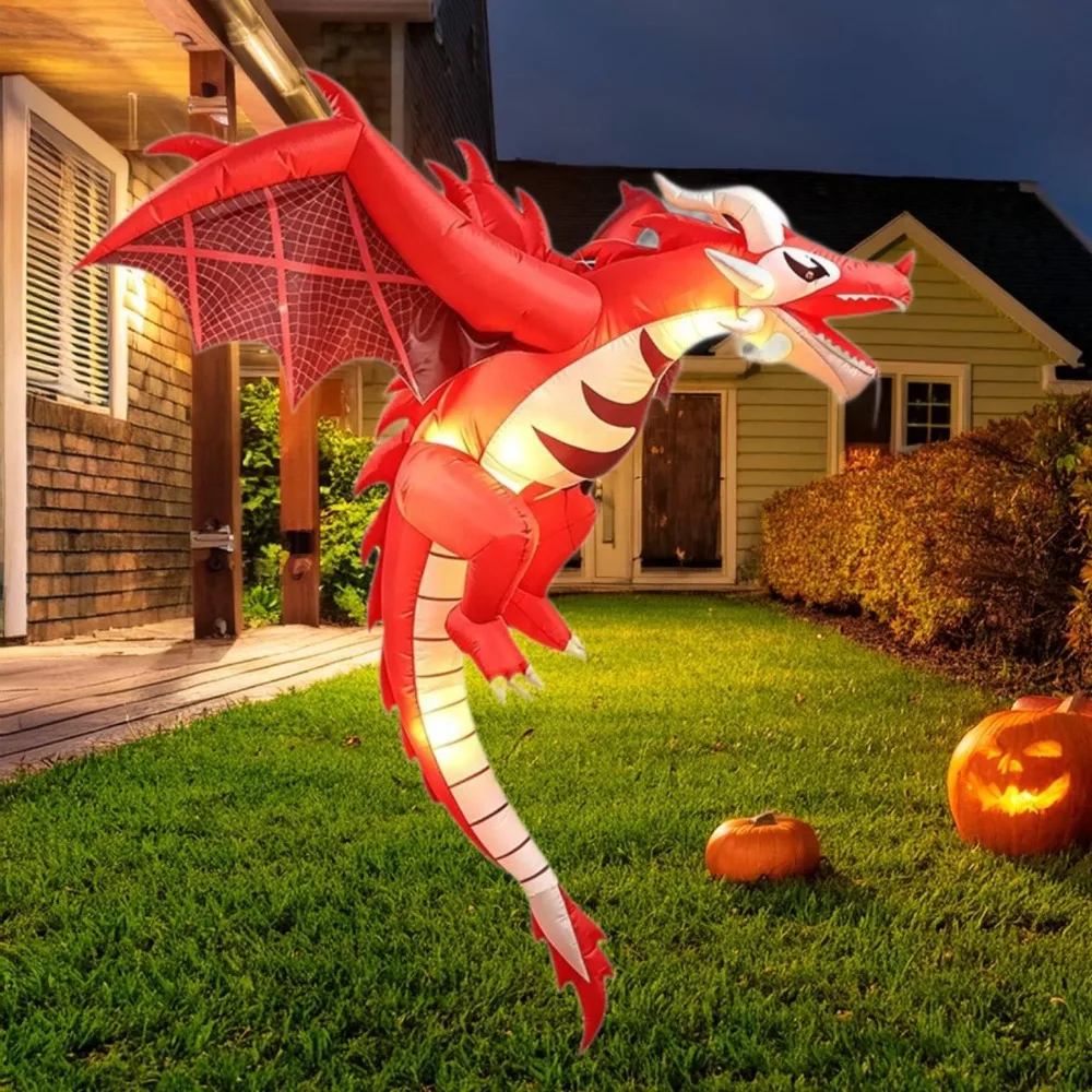 5FT Halloween Inflatables LED Light Up Flying Fire Dragon Decorations Outdoor Yard Porch Decor Haunted House Party Polyester