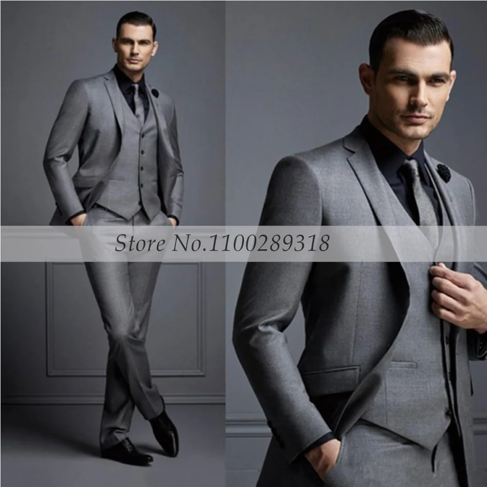 

Latest Design Grey Men Suits Groomsmen Tuxedos Groom Wear Business Suits Terno Masculino Costume Homme 3PCS(Jacket+Pants+Vest))