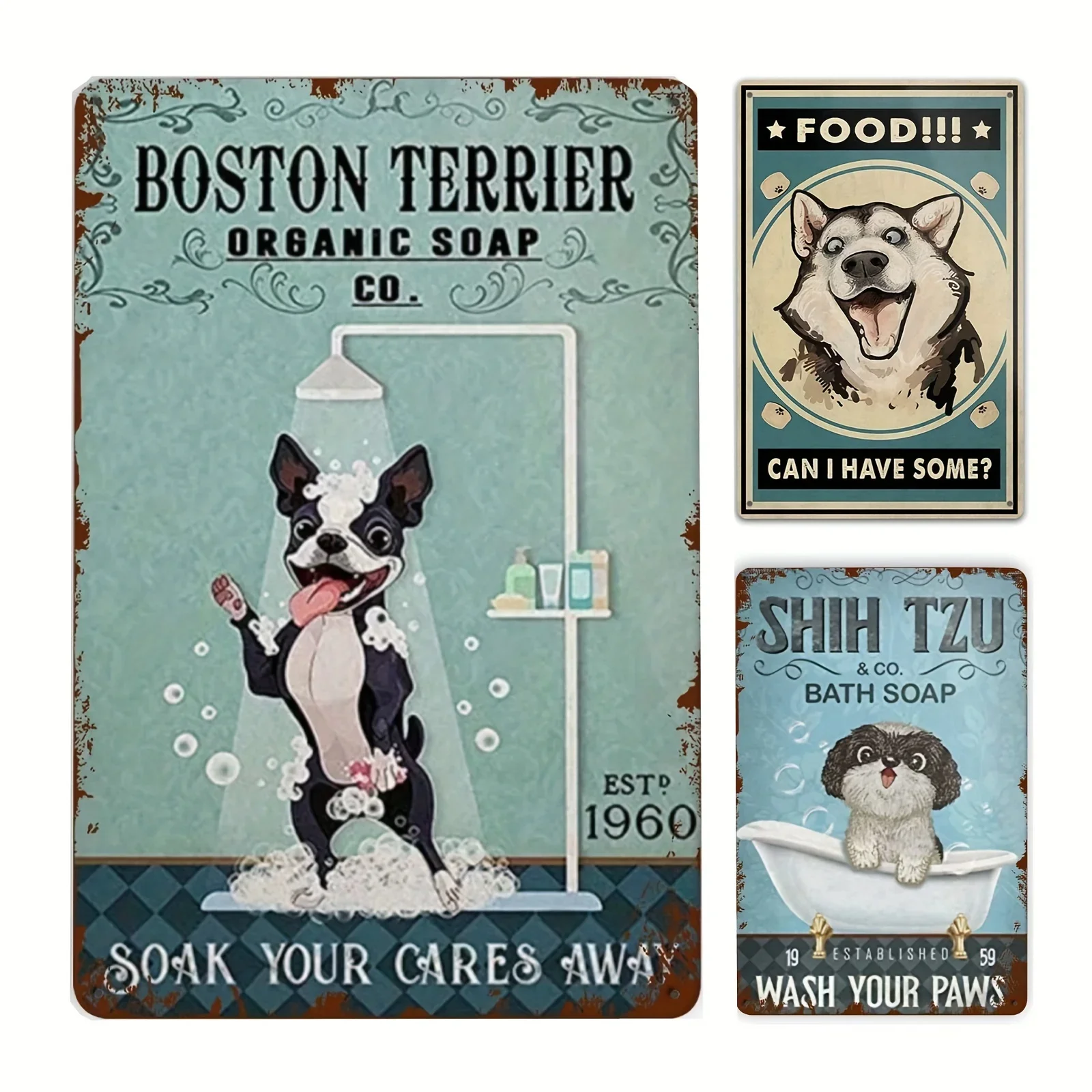 

Terrier Metal Tin Sign Organic Soap Soak Your Cares Away Retro Iron Painting Husky For Home Bathroom Bar Outdoor Wall Decoration